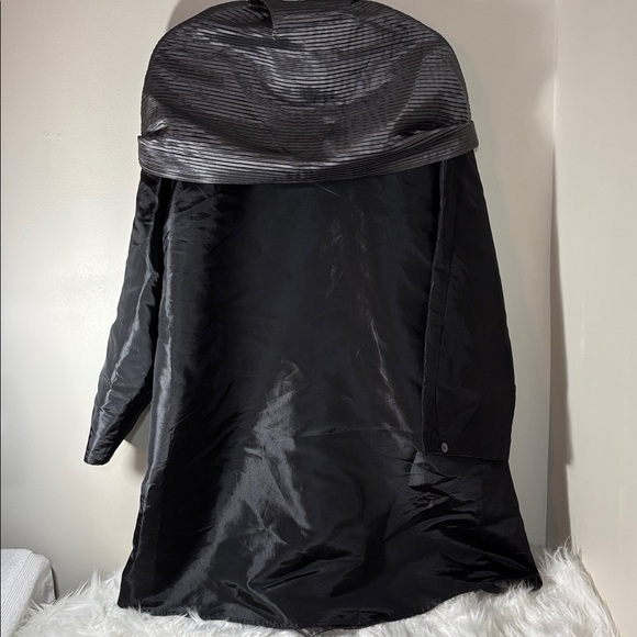 Black/Charcoal Shimmery Satin-like Reversible A-Line Hooded Nylon Coat - Picture 3 of 4